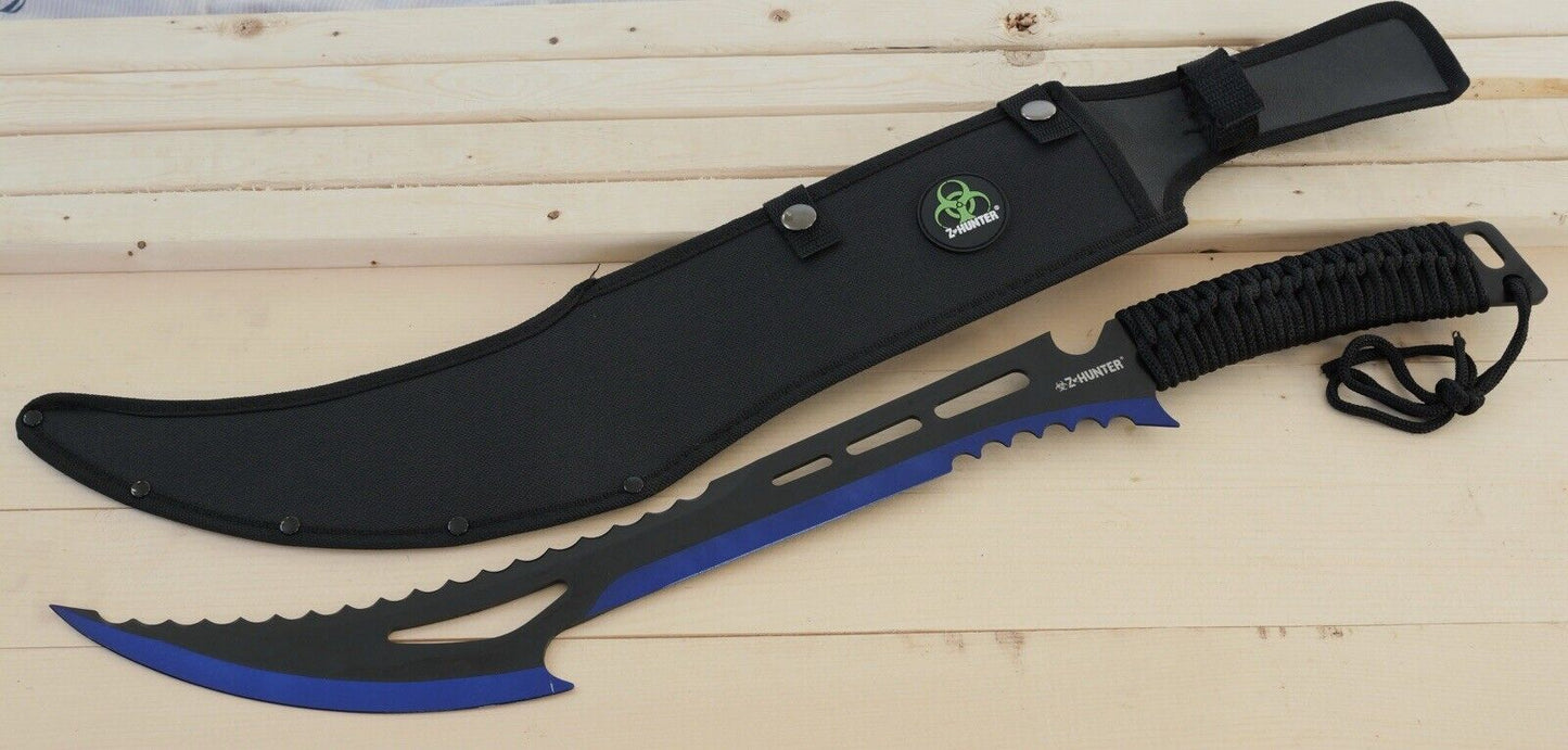 24” Zombie Machete Blue Z-Hunter Full Tang Sawback Nylon Sheath Shoulder Strap L