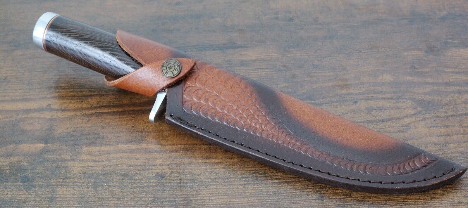 13” Fixed Blade Bowie Knife Large Wood Handle Embossed Leather Sheath Belt Loop