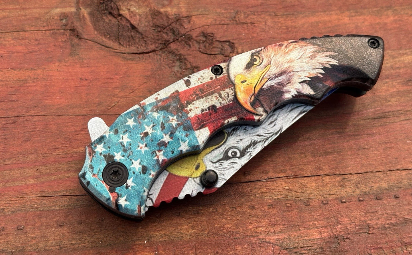 USA Eagle America Flag Pocket Knife Fierce Spring Assist Patriot Redneck Country