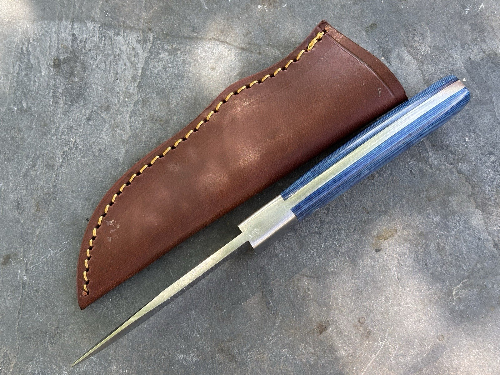 7” Chrome/Blue Fixed Blade Knife Full Tang Leather Sheath Sharp Small