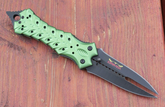 Double Blade Manual Folding Knife Green Stinger Point Full Size Pocket Clip EDC