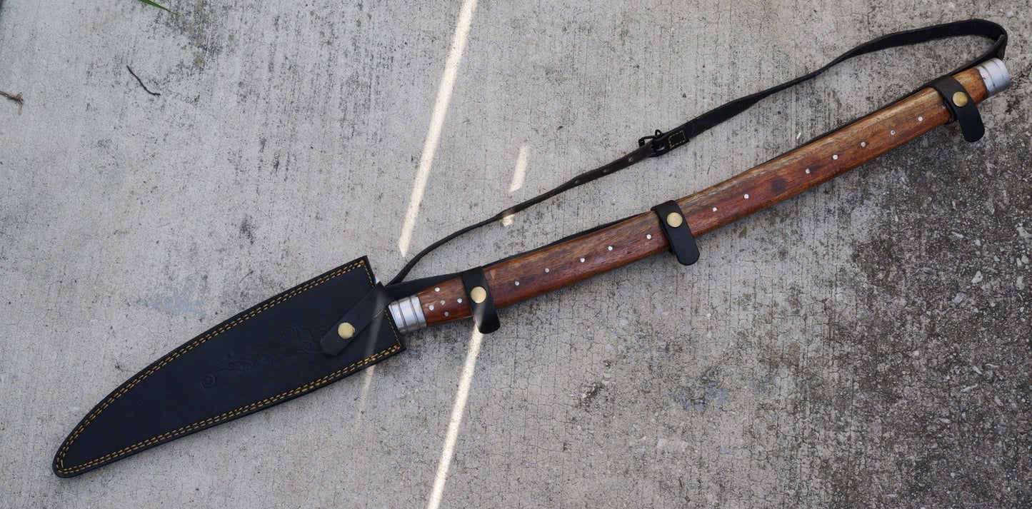 38” Spear Hand Forged Leather Sheath Back Strap Wood Handle