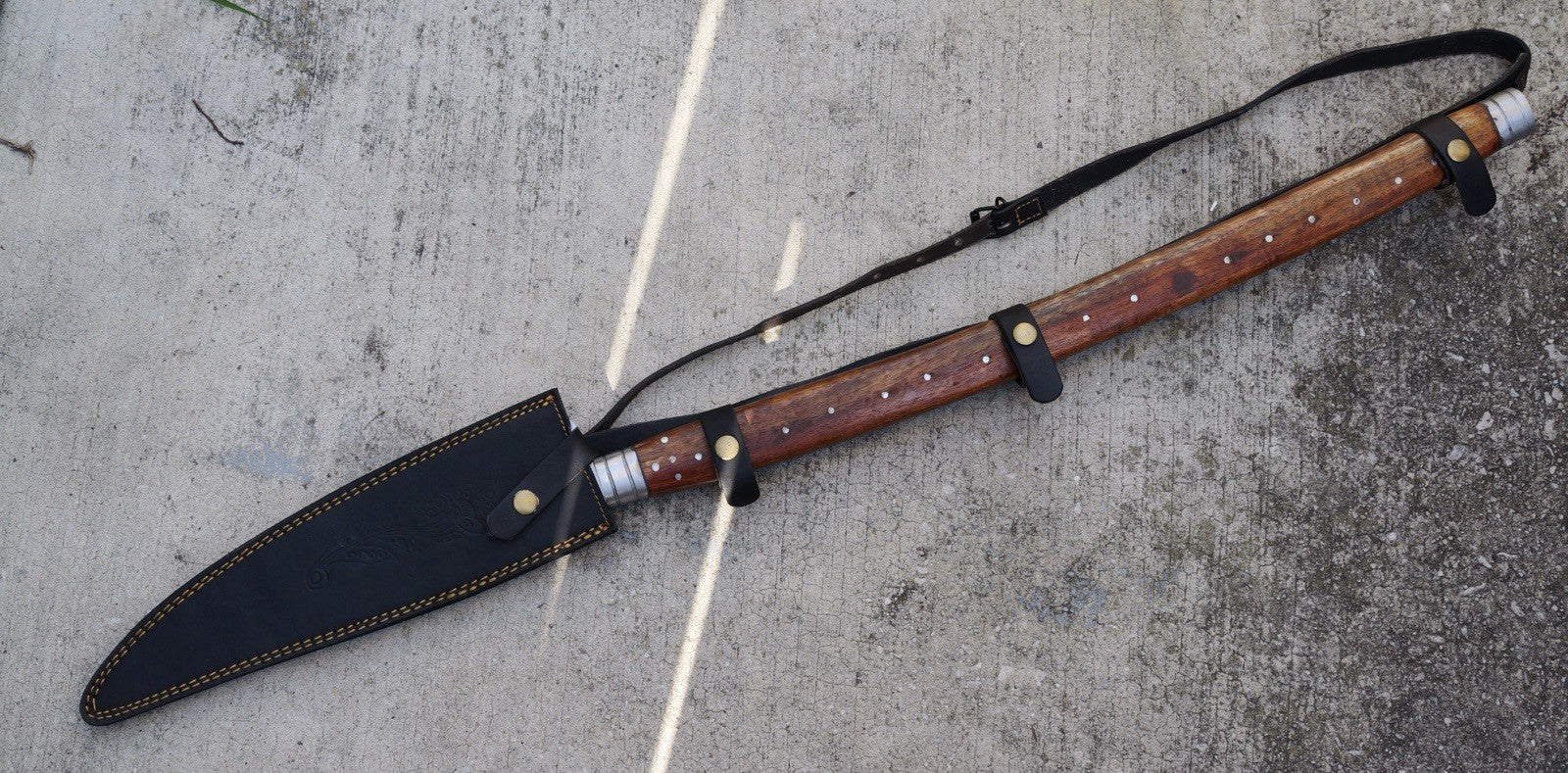 38” Spear Hand Forged Leather Sheath Back Strap Wood Handle