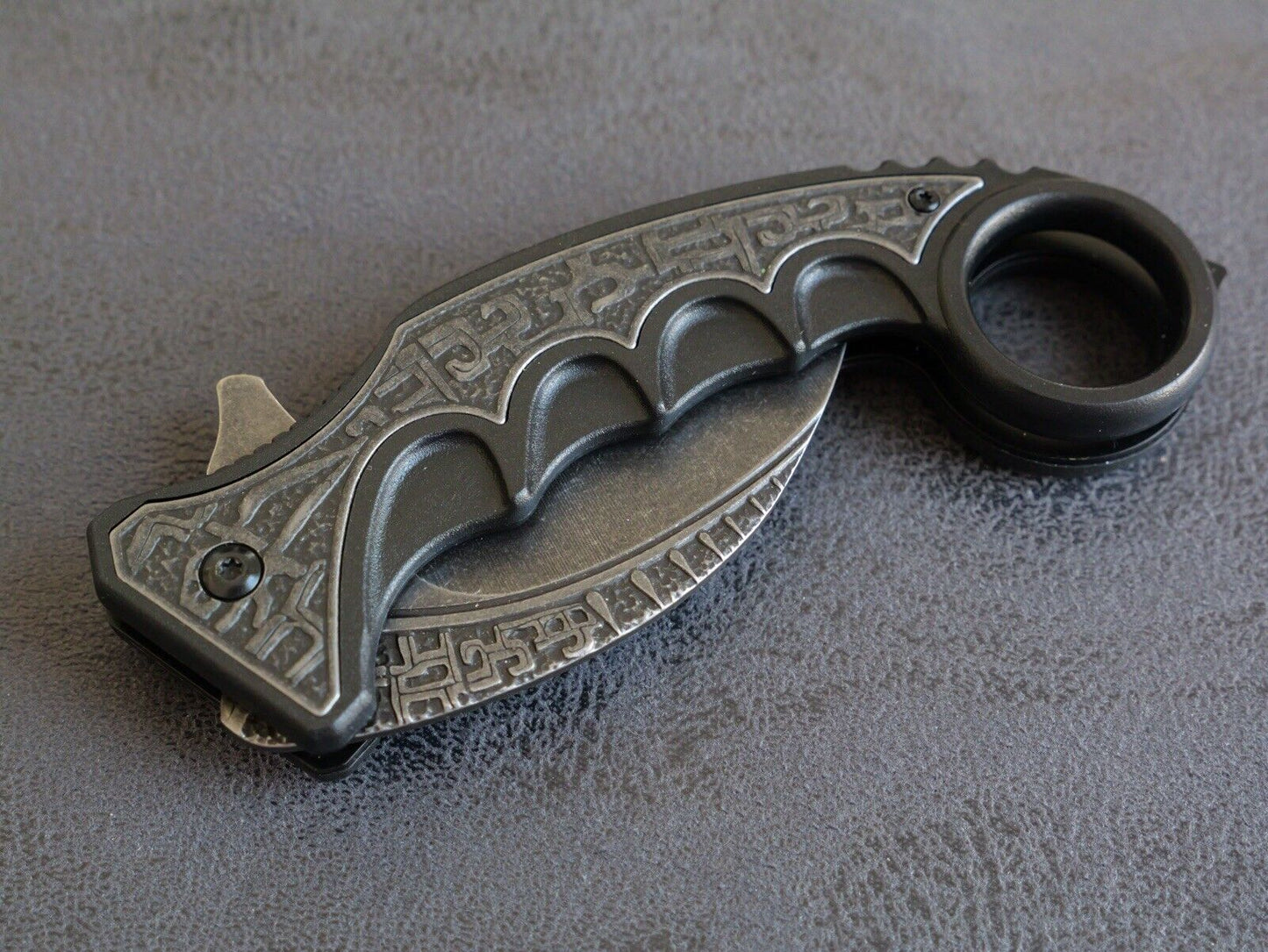 6” Karambit Black Stonewashed Modern Black Engraved Pocket Clip Edc Assisted
