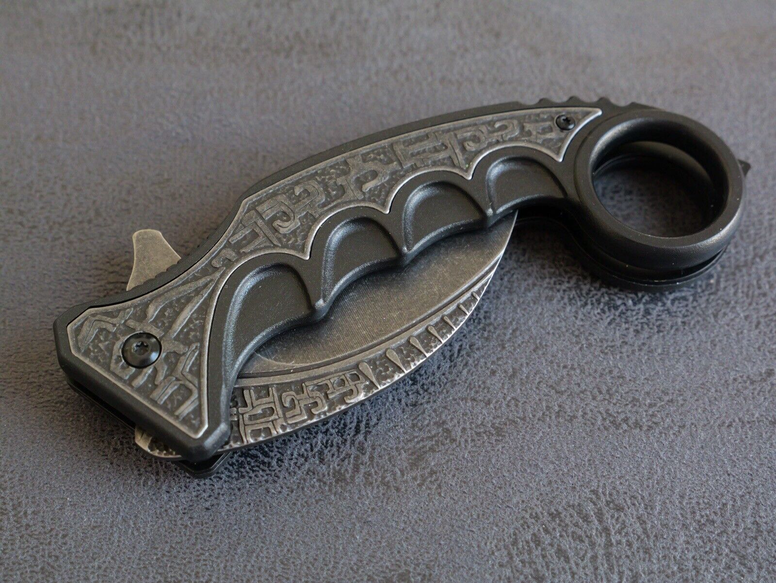 6” Karambit Black Stonewashed Modern Black Engraved Pocket Clip Edc Assisted
