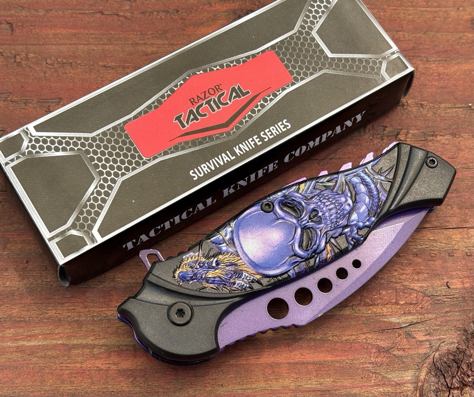 Skull Pocket Knife Purple Sring Assist Full Size Unique Design Fantasy belt clip