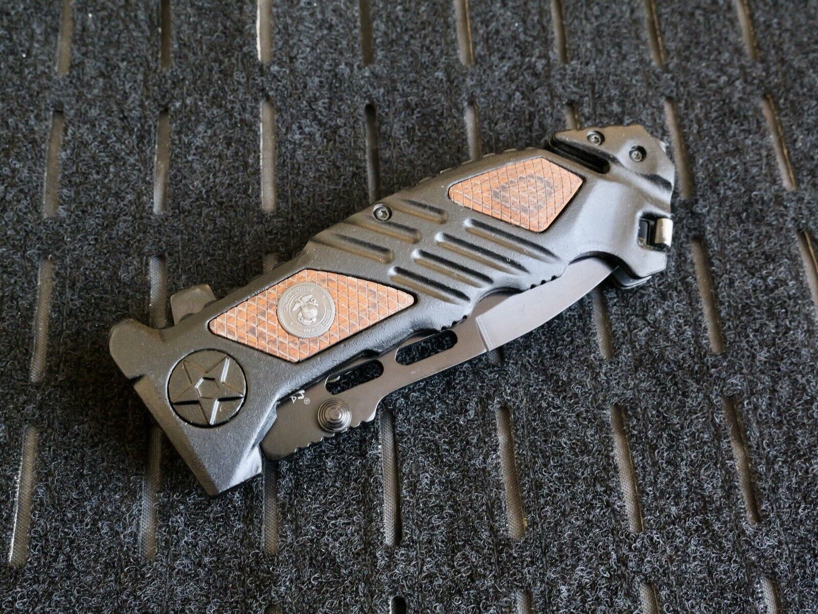 USMC Pocket Knife Heavy Duty Spring Assist Black Hefty Window Punch Belt Cutter 