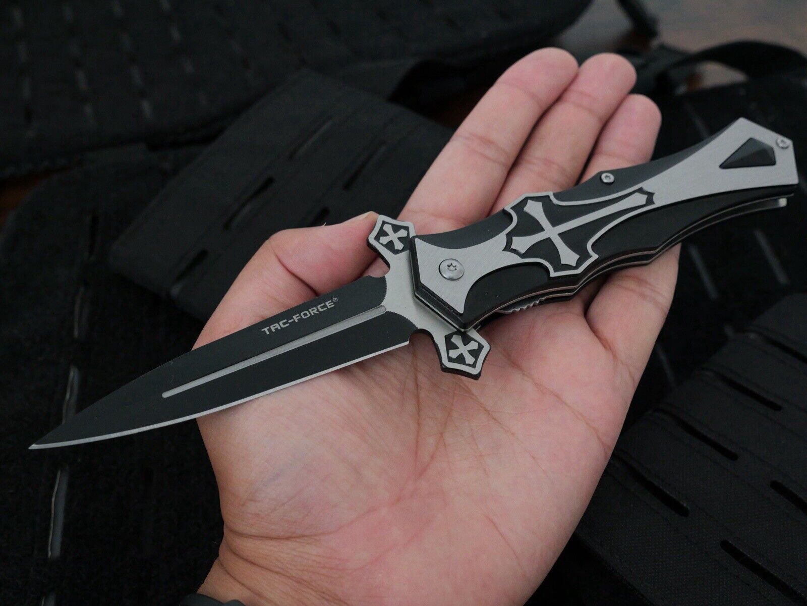 5” Cross Pocket Knife Black Full Size Spear Point Chrome Heart Sharp Assisted