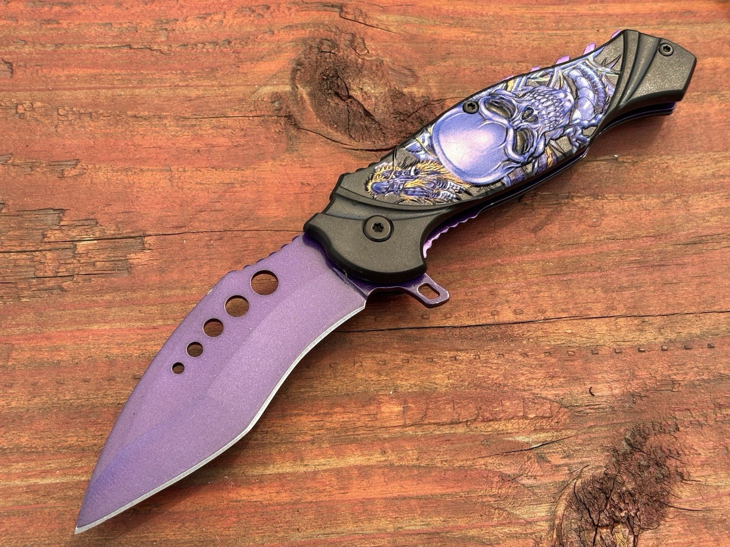 Skull Pocket Knife Purple Sring Assist Full Size Unique Design Fantasy belt clip