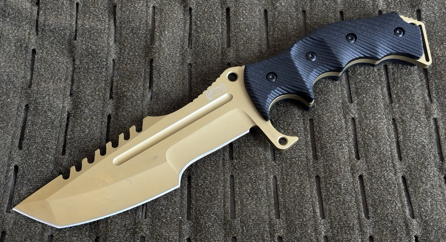 11” Fixed Blade Knife Gold Black 440c 6mm Thick G10 Handle Full Tang Saw back