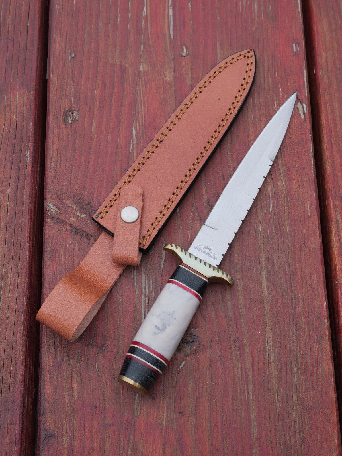 Fixed Blade Knife Dagger Style Spear Point 12” Leather Sheath Brass Resin Handle