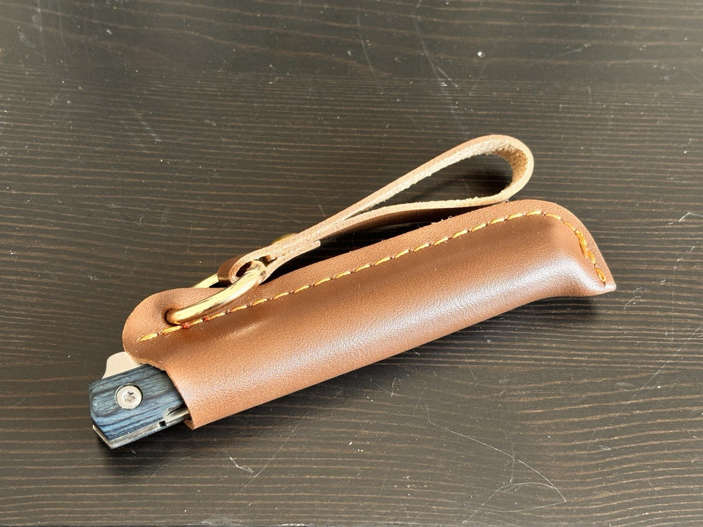 Slim Pocket Knife Blue Wood Handle Razor Sharp M390 Steel CEO Leather Sheath