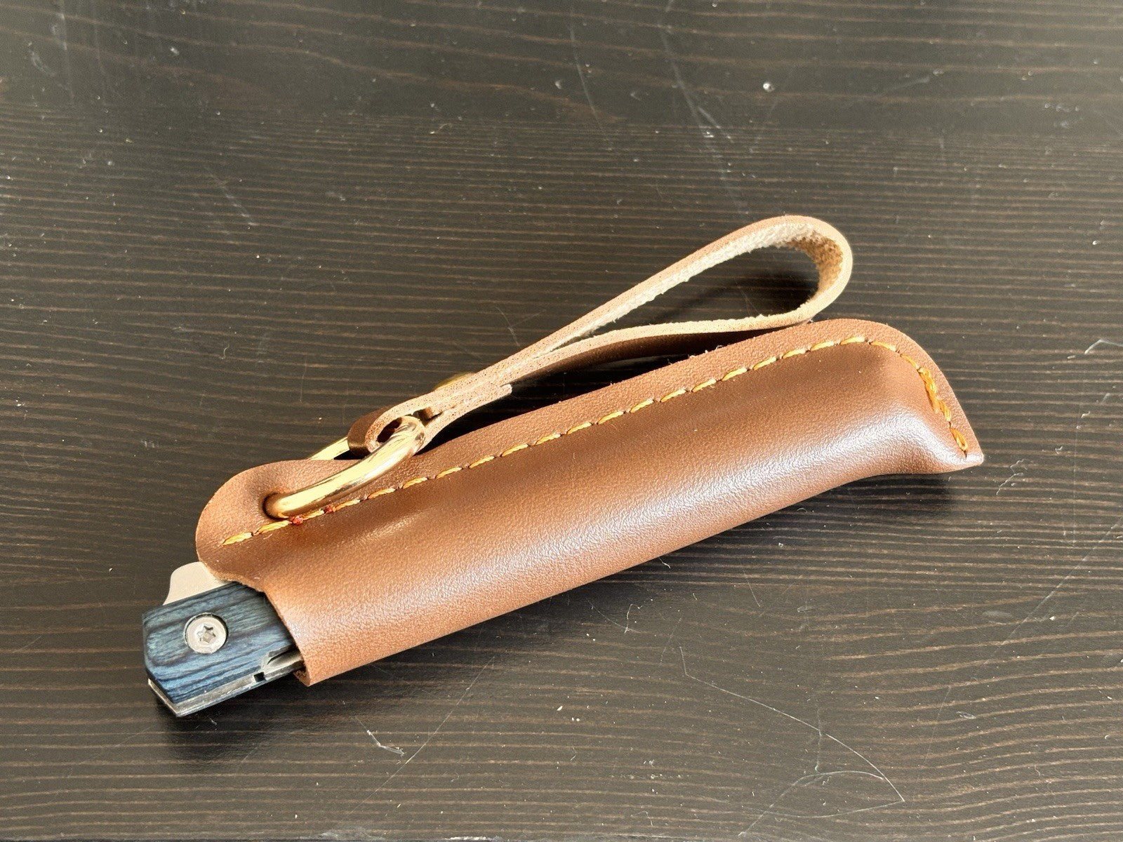 Slim Pocket Knife Blue Wood Handle Razor Sharp M390 Steel CEO Leather Sheath