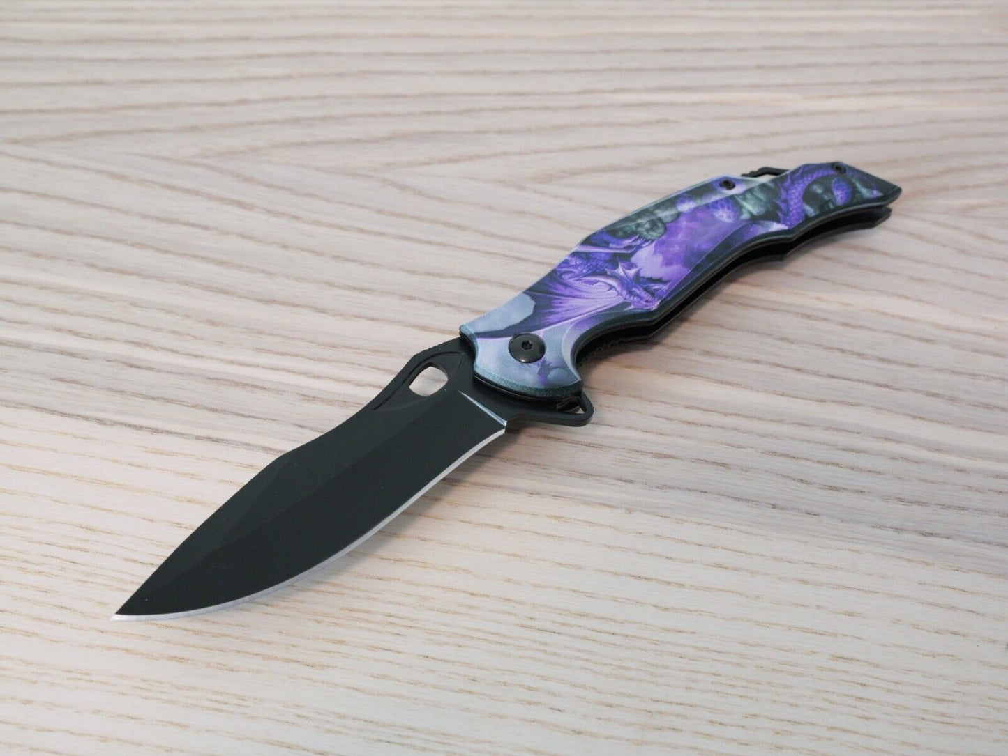 Purple Dragon Spring Assist Pocket Knife Full Metal Black Belt Clip Art Large