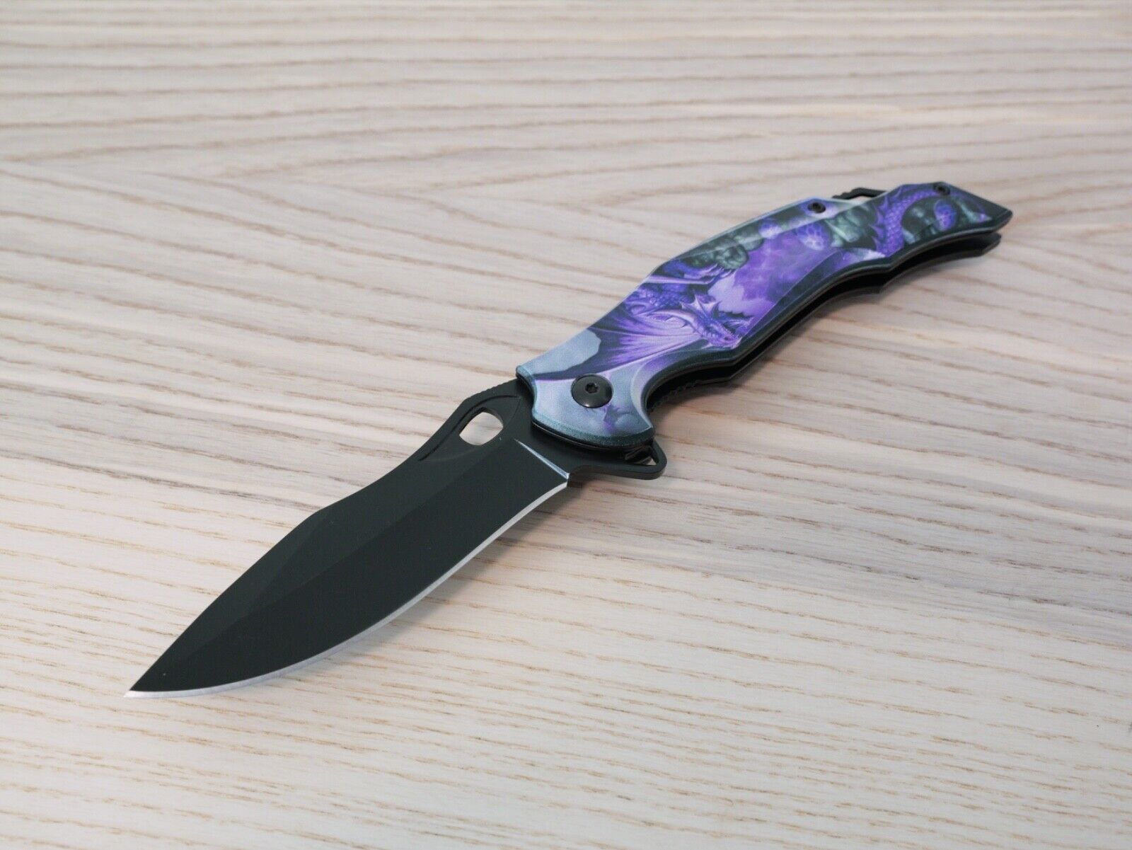 Purple Dragon Spring Assist Pocket Knife Full Metal Black Belt Clip Art Large