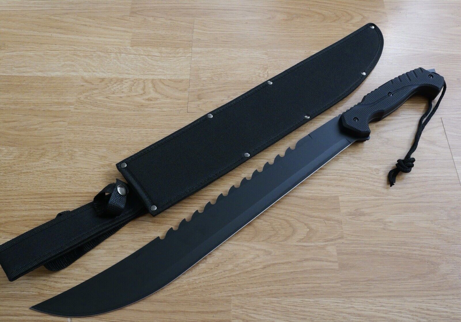 25” Black Machete Sawback Full Tang Rubber Handle Lanyard Glass Breaker Sheath