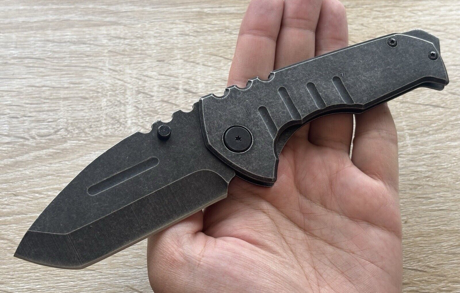 Mega Pocket Knife XL Wide Heavy Duty Manual Stonewashed Sharp Belt Clip Huge Edc