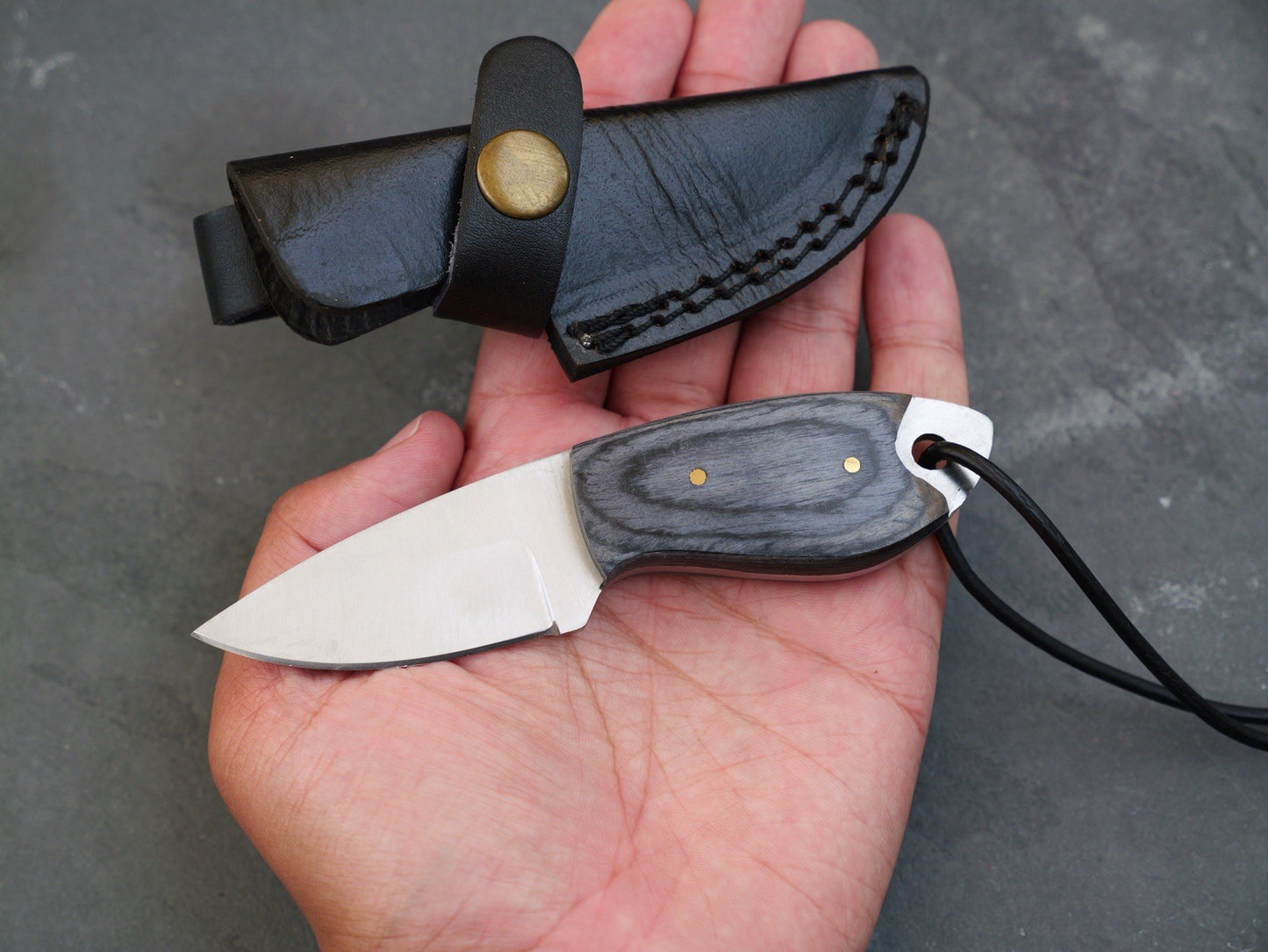 5” Fixed Blade Knife Mini Full Tang Leather Sheath 2” Blade Sharp Gray Wood