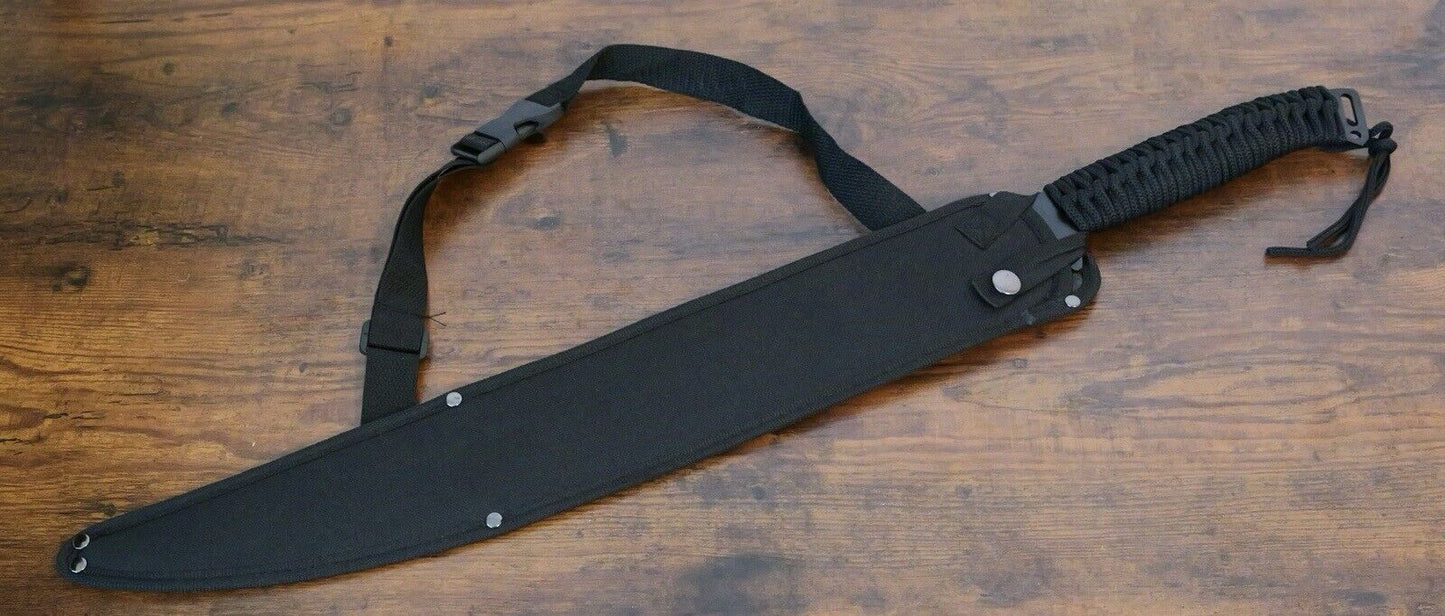 27” Tactical Machete Stealth Black Full Tang Large Serrated Sharp Shoulder Strap