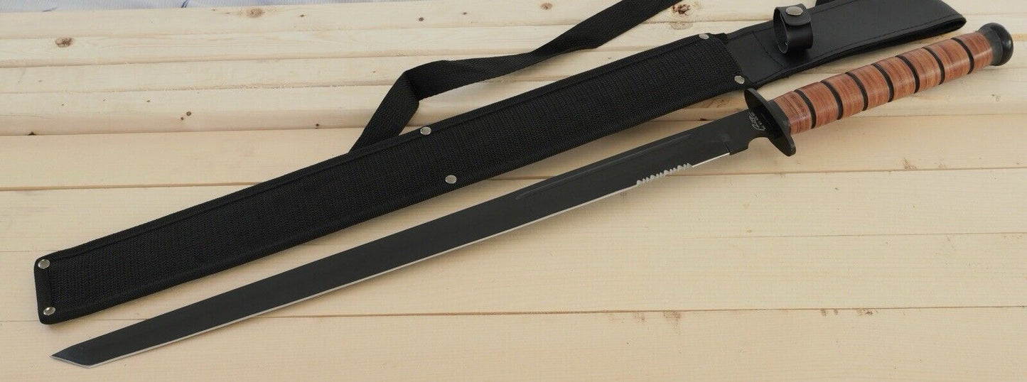 28” Combat Sword Tanto Full Tang Black USMC Style Serrated Sharp Stealth Black