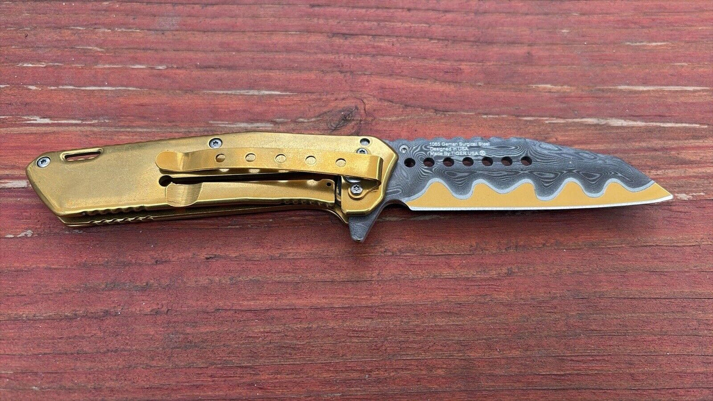 Gold Ganesh Pocket Knife Wild Design All Metal Sharp Wharncliffe Blade Damascus 