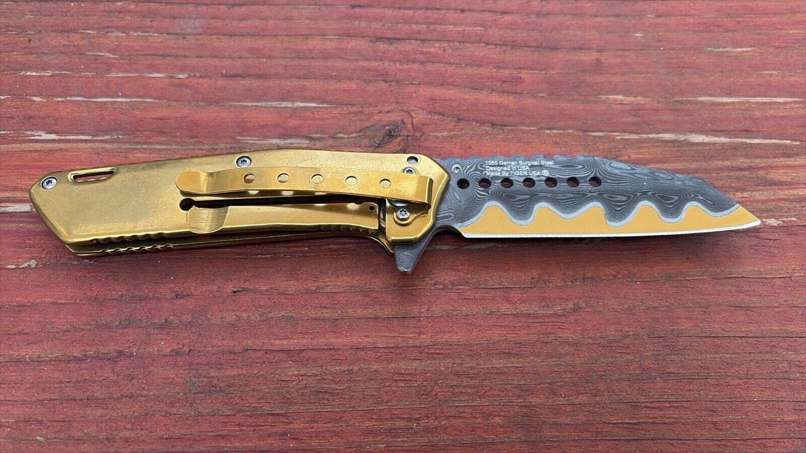 Gold Ganesh Pocket Knife Wild Design All Metal Sharp Wharncliffe Blade Damascus 
