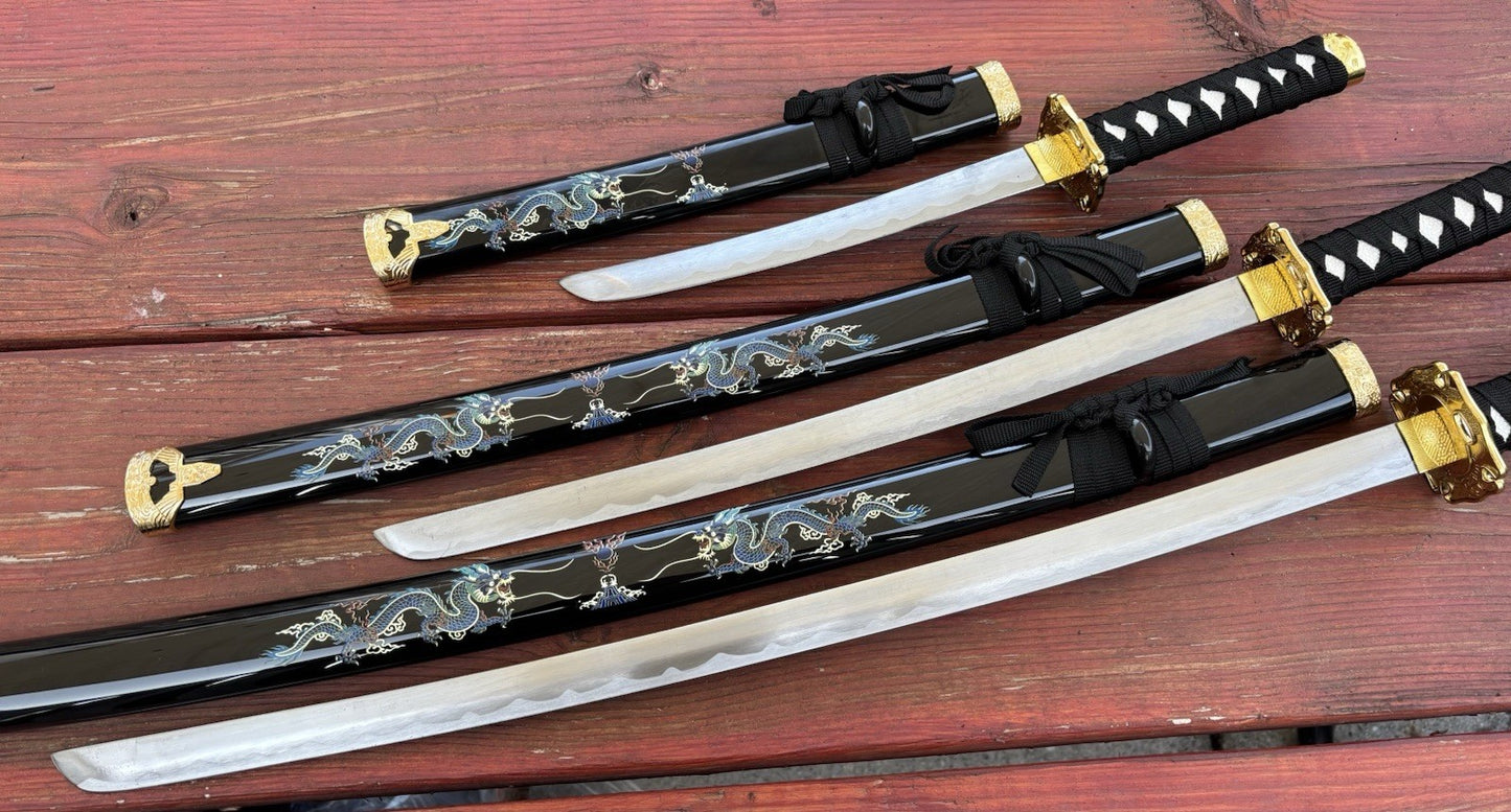 Samurai Sword Set Black Dragon Display Stand Wood Scabbard Katana 3 Piece Set