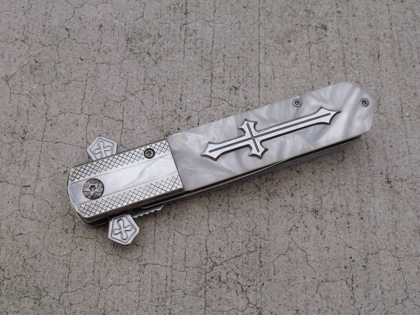 Cross Pocket Knife Full Size Spring Assisted Pearl Handle Spear Point Belt Clip
