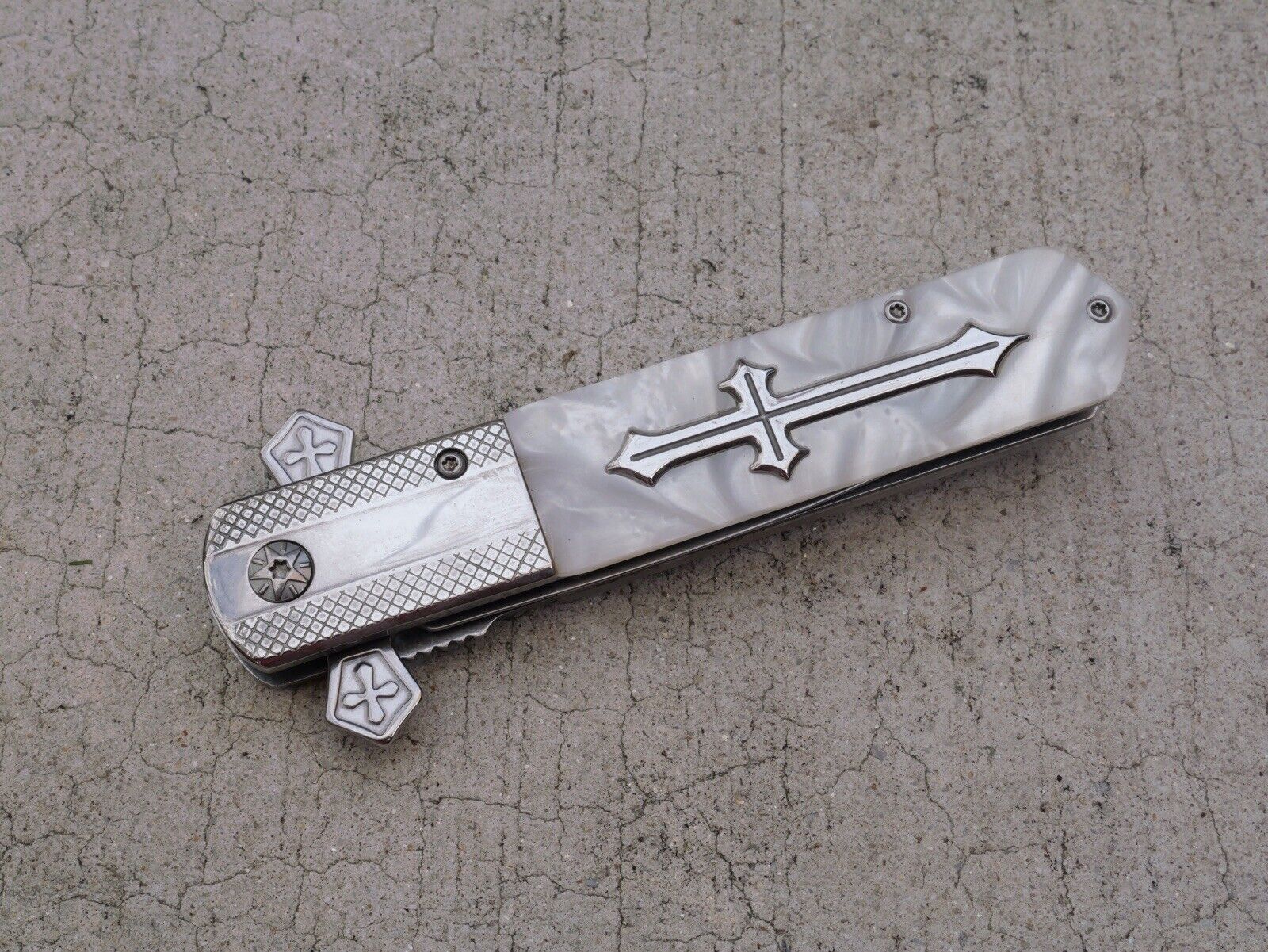 Cross Pocket Knife Full Size Spring Assisted Pearl Handle Spear Point Belt Clip