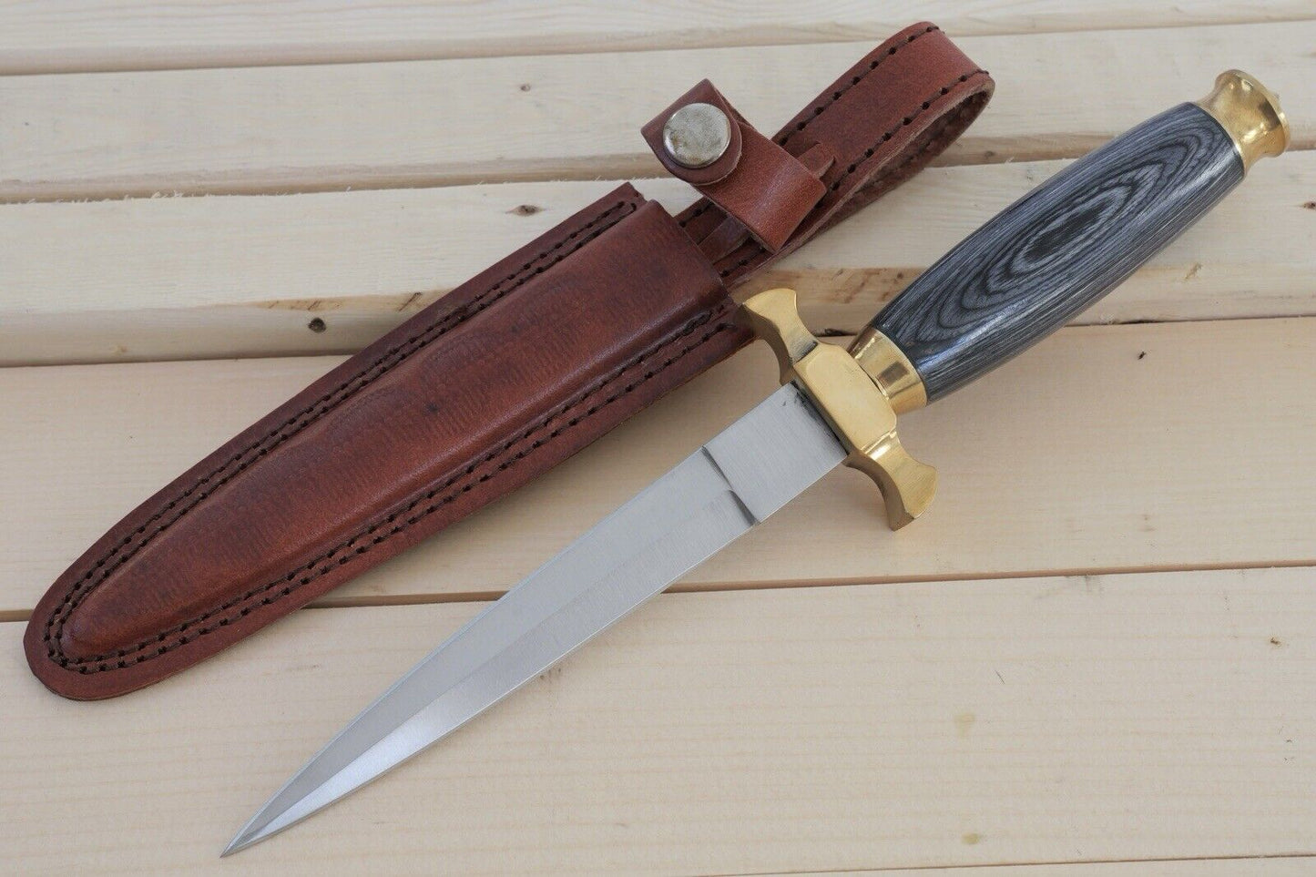 10” Mini Boot Knife Double Edge Spear Point Leather Sheath Belt Loop Wood Handle