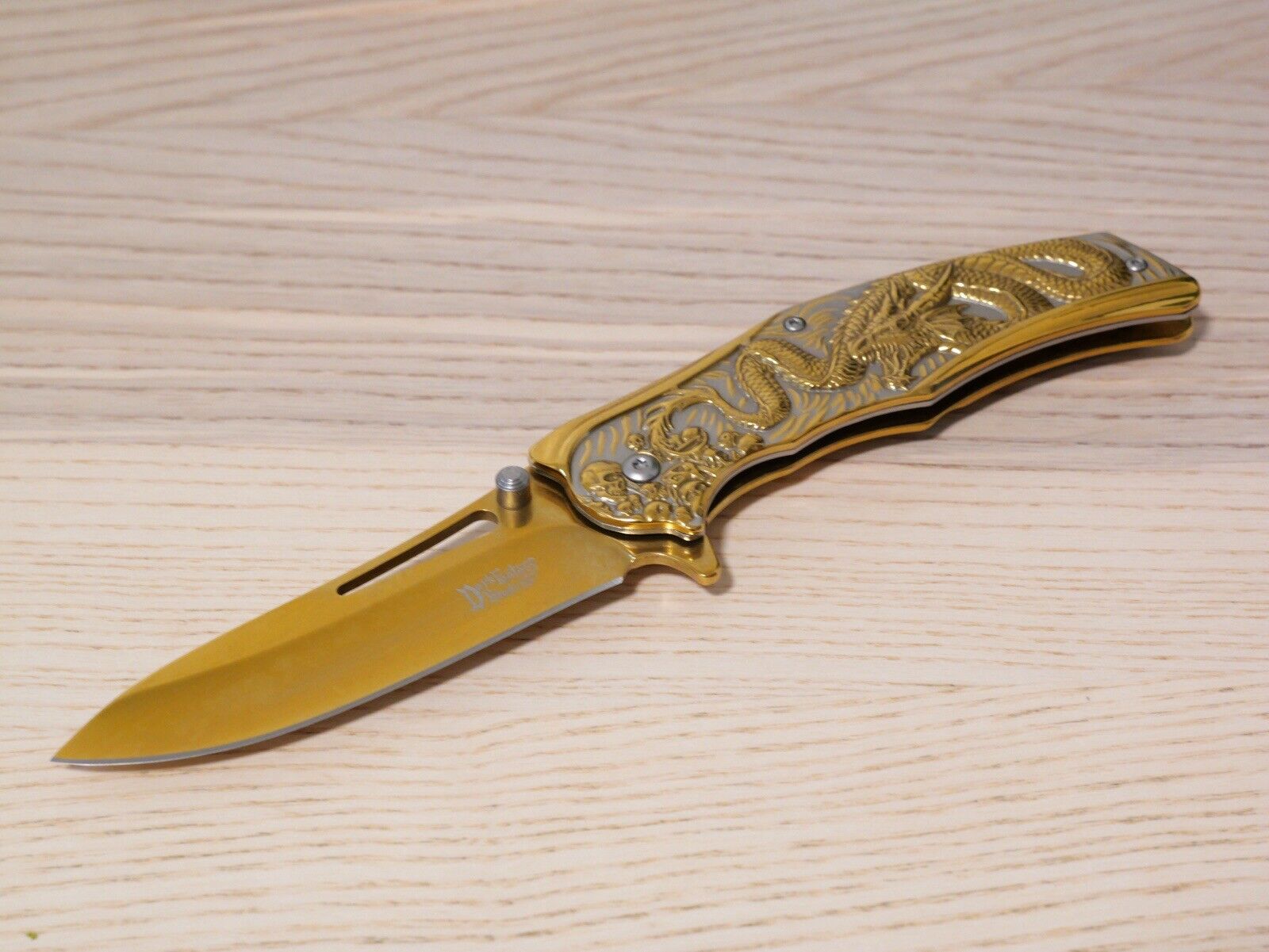 Full Size Gold Dragon Spring Assist Pocket Knife All Metal Sharp Clip 9” Edc