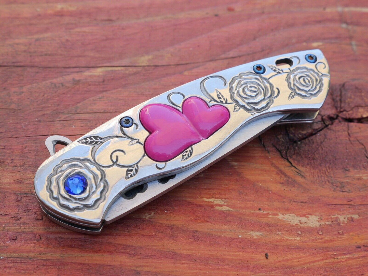 Love Pocket Knife Hearts 💕 Chrome Knife Small Folding Biker Chick Sharp Pink 4”