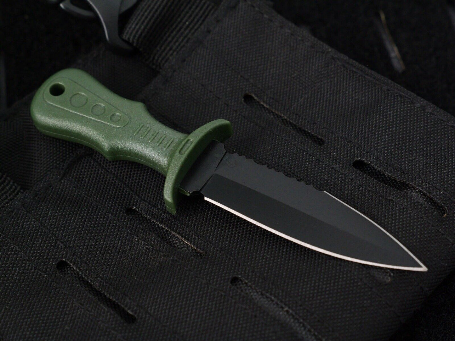 5” Neck Knife Full Tang Spear Point Double Edge Serrated Green Black Ball Chain