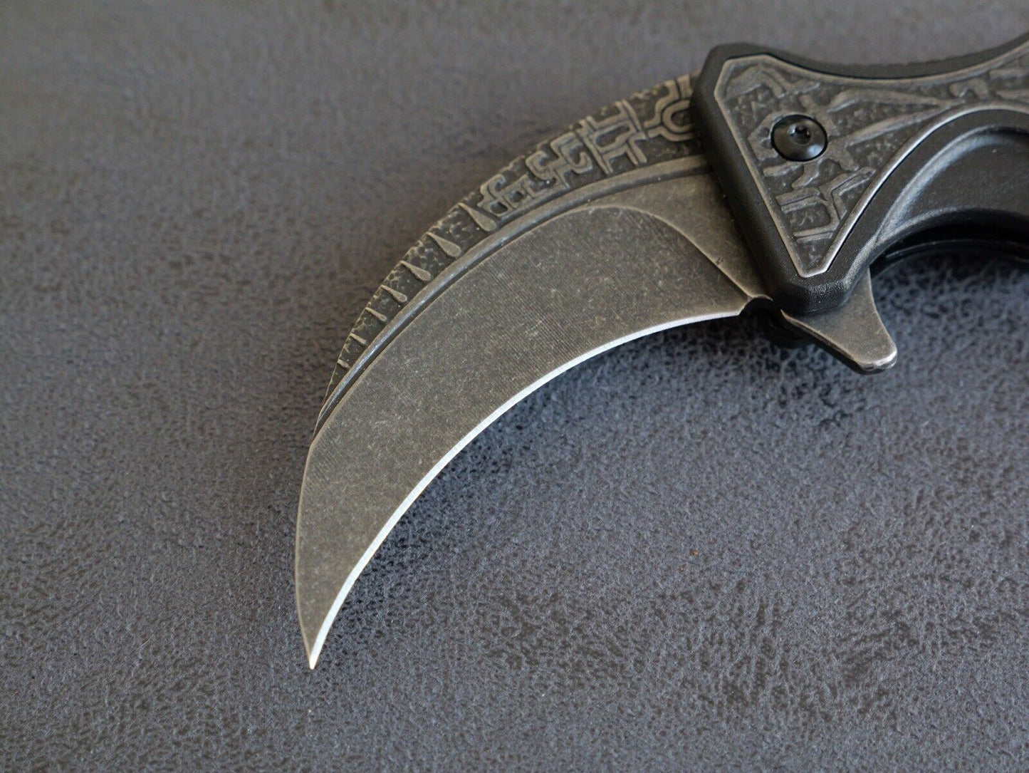 6” Karambit Black Stonewashed Modern Black Engraved Pocket Clip Edc Assisted