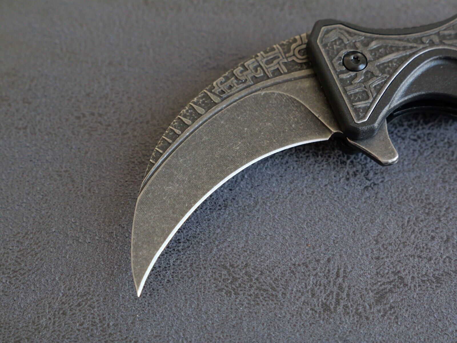 6” Karambit Black Stonewashed Modern Black Engraved Pocket Clip Edc Assisted