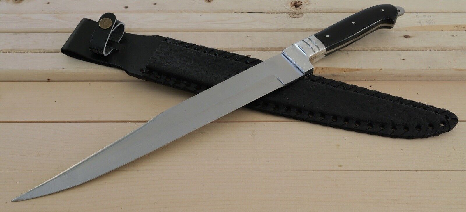 17” Bowie Knife XL Mirror Finish Sharp Black Leather Sheath Full Tang Slim Sharp