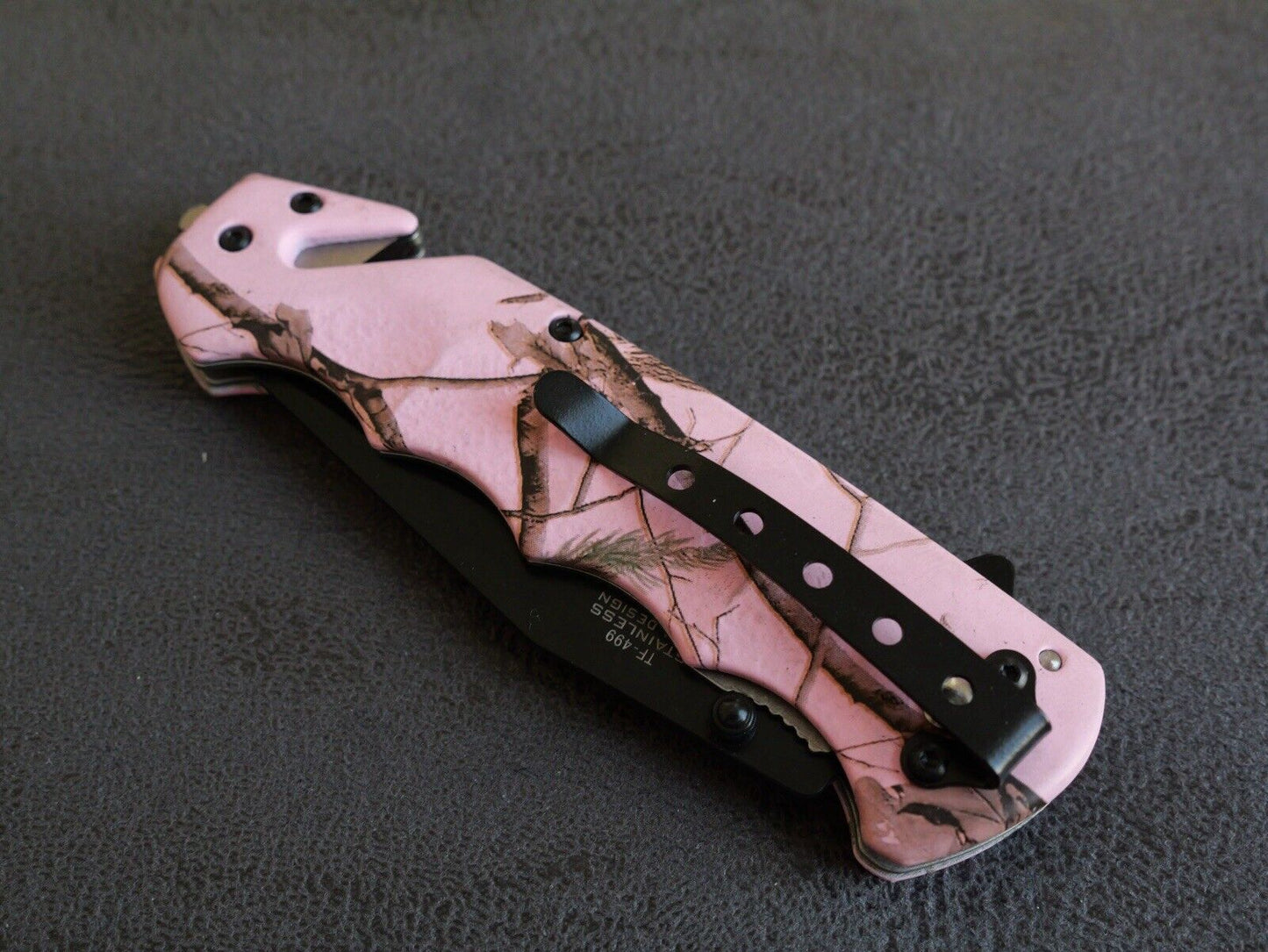 Pink Camo Pocket Knife Spring Assist Window Punch Cutter Black Blade Full Size