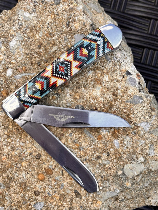 Elk Ridge 2 Blade Retro Pocket Knife Navajo Style Vintage Trapper XL 7.5”