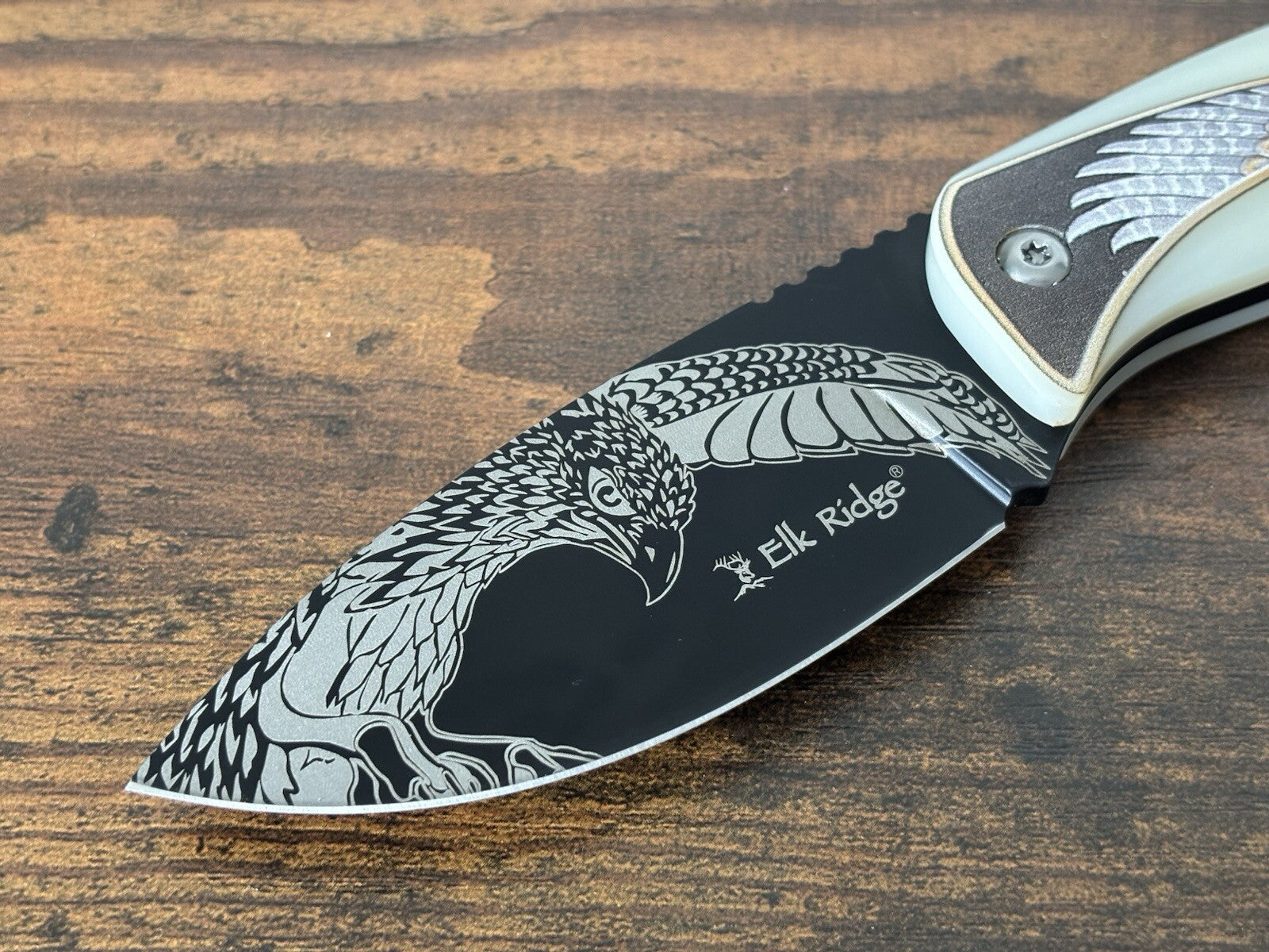 7” Fixed Blade Knife Elk Ridge Full Tang Eagle Laser Engraved Leather Sheath