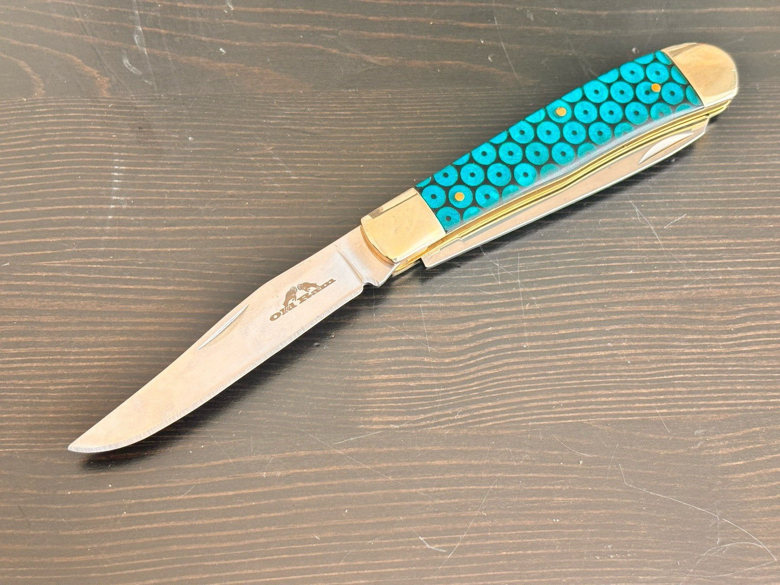 Old Ram 2 Blade Retro Pocket Knife Blue Green Vintage Trapper XL 7.5”