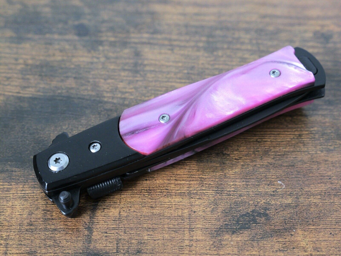 Vintage Italian Style Pocket Knife Small Black Pink Handle 4” Spear Point Clip