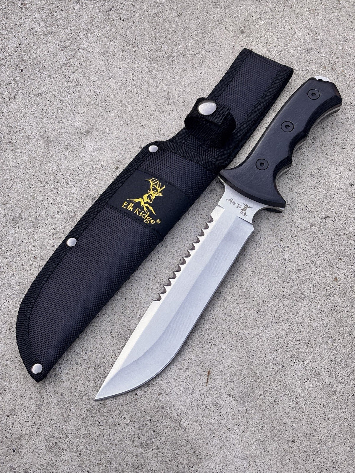 Elk Ridge Knife 12.5” Full Tang Wood Handle Combination Blade Nylon Sheath
