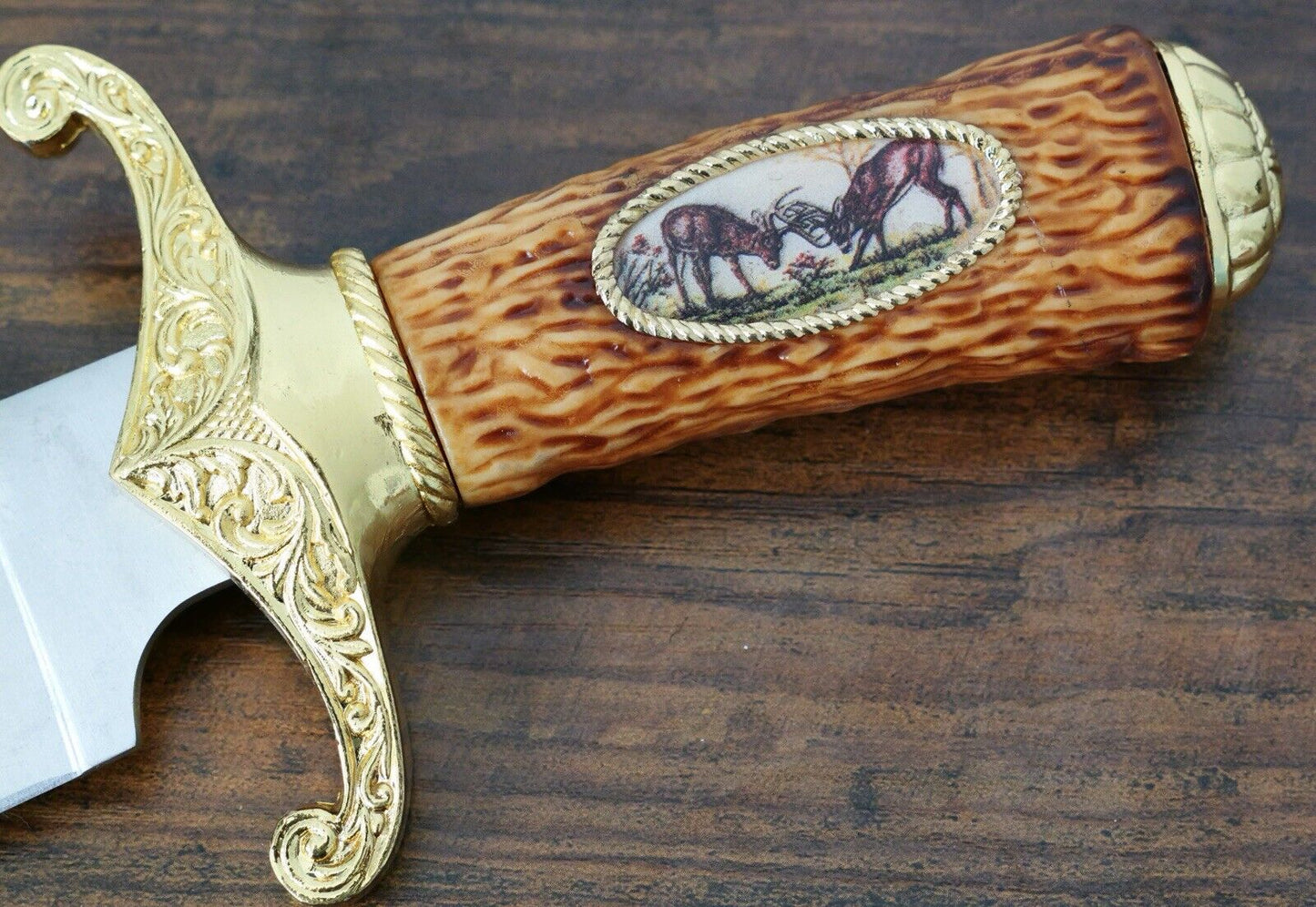 12” Deer Survival Knife American Buck Design Ornate Gold Laser Etch Blade Sheath