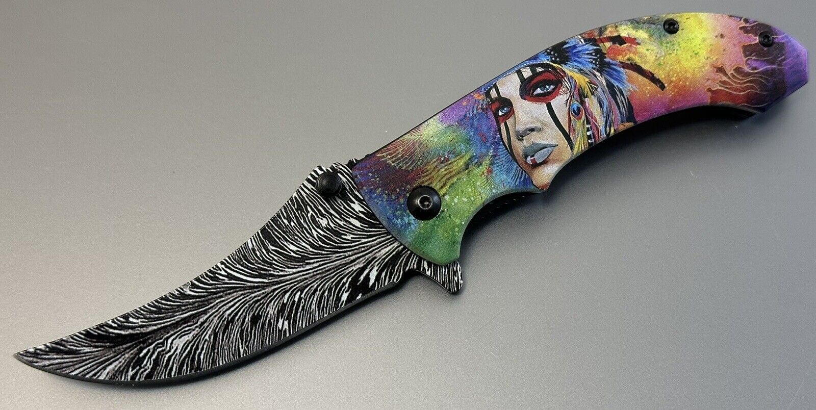 Full Size Folding Pocket Knife Native Rainbow Queen Feather Design Blade 4.5”