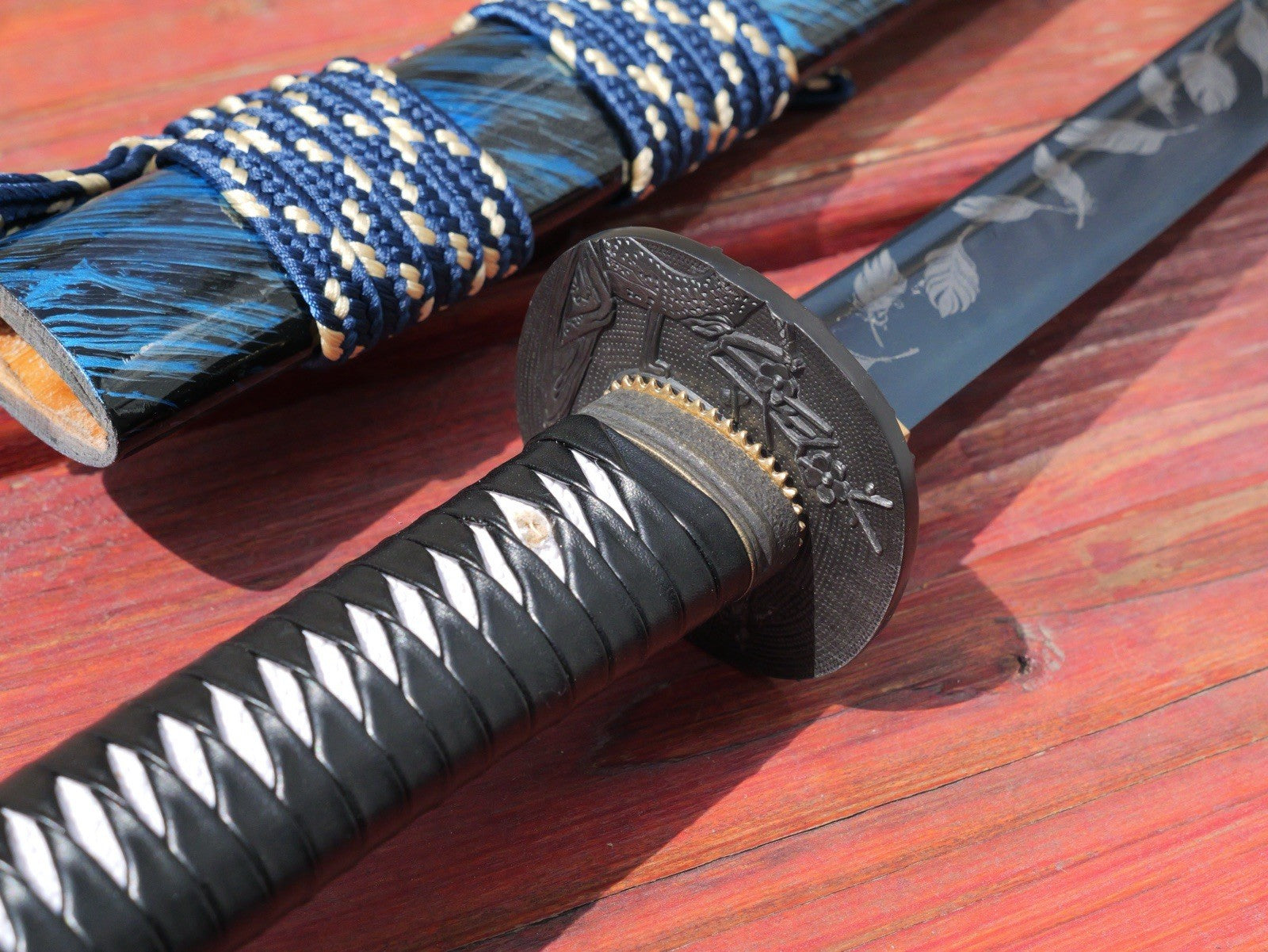 41" Katana Samurai Sword Japanese Blue Blade Feather Design Art Handmade Sharp