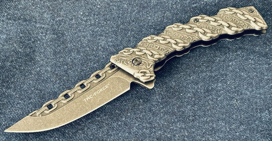 Chain Pocket Knife Rustic Full Size Spring Assist All Metal Sharp Chains Steel