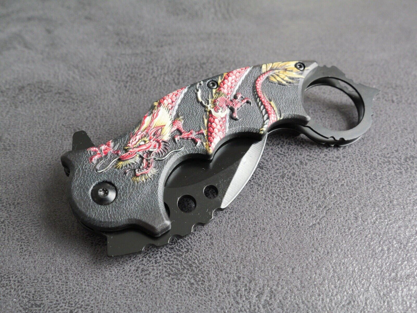 Folding Pocket Knife KARAMBIT Red Dragon Black Spring Assisted Pocket Clip Edc