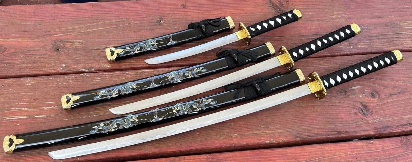 Samurai Sword Set Black Dragon Display Stand Wood Scabbard Katana 3 Piece Set