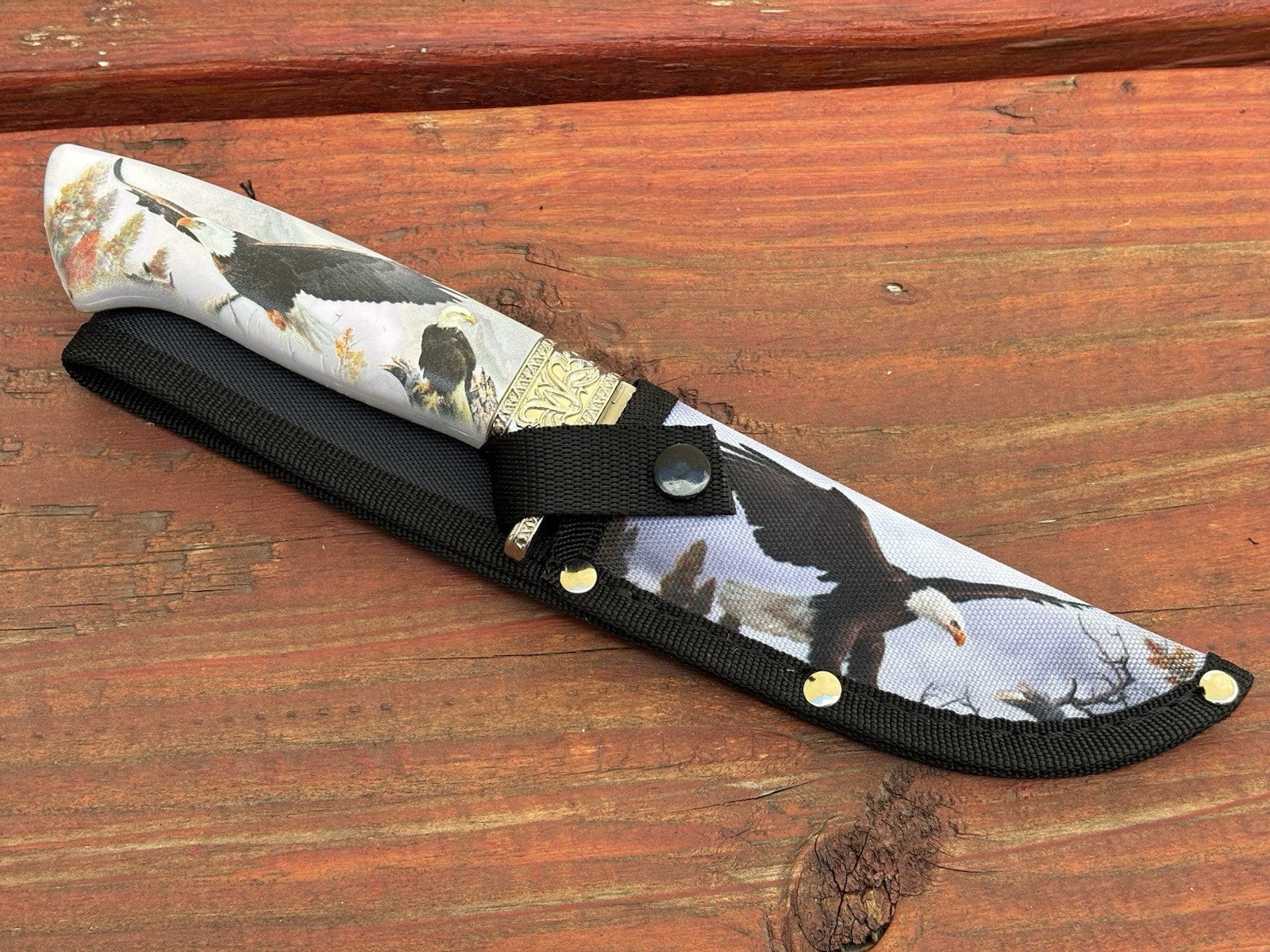 10” Eagle Print Fixed Blade Knife USA Nylon Sheath Belt Loop