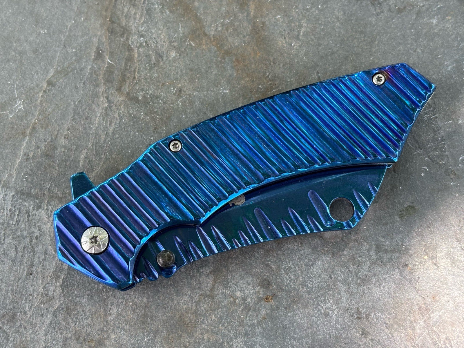 Cleaver Pocket Knife All Metal Blue Handle Spring Assist Frame Lock Heavy Duty
